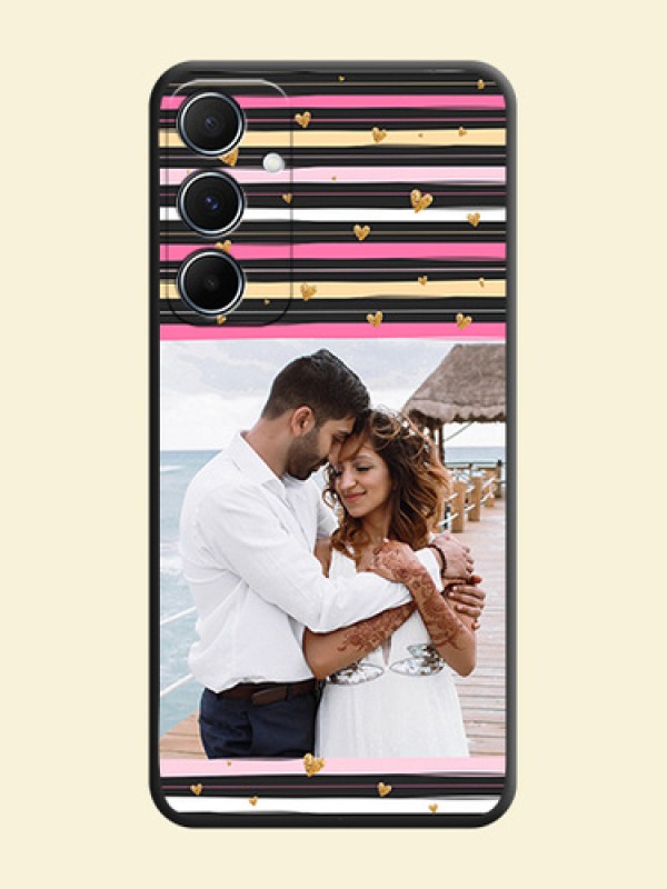 Multicolor Lines and Golden Love Symbols Design on Photo On Space Black Custom Soft Matte Mobile Back Cover - Galaxy M55 5G