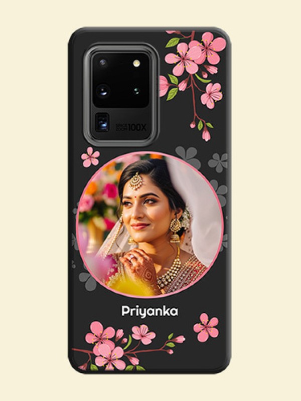 Round Image with Pink Color Floral Design - Photo on Space Black Soft Matte Back Cover - Galaxy S20 Ultra