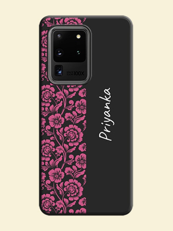 Pink Floral Pattern Design With Custom Text On Space Black Personalized Soft Matte Phone Covers -Samsung Galaxy S20 Ultra