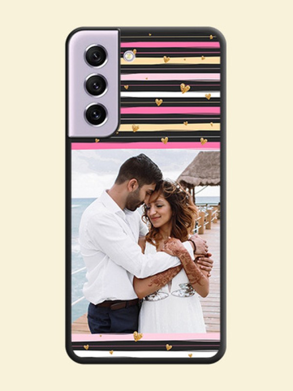 Multicolor Lines and Golden Love Symbols Design on Photo on Space Black Soft Matte Mobile Cover - Galaxy S21 FE 5G
