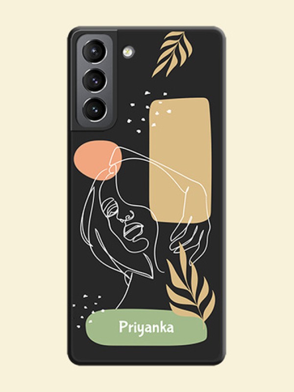 Custom Text With Line Art Of Women & Leaves Design On Space Black Personalized Soft Matte Phone Covers -Samsung Galaxy S21 Plus