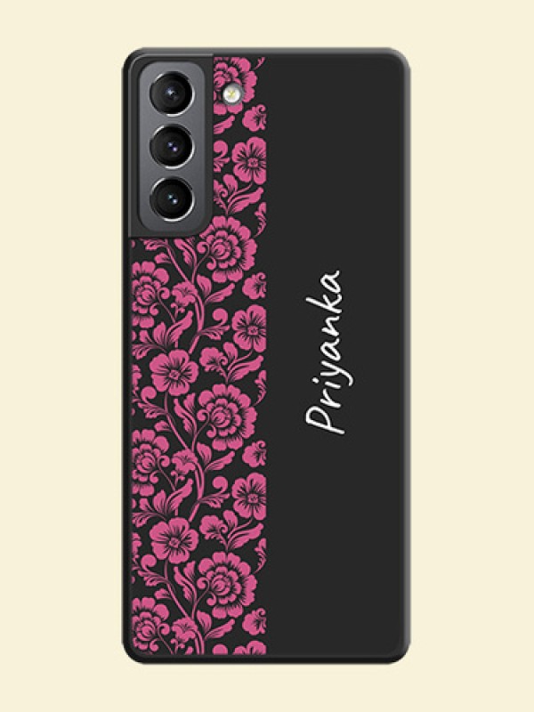 Pink Floral Pattern Design With Custom Text On Space Black Personalized Soft Matte Phone Covers -Samsung Galaxy S21