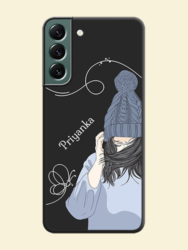 Girl With Blue Winter Outfiit Custom Text Design On Space Black Personalized Soft Matte Phone Covers -Samsung Galaxy S22 Plus 5G