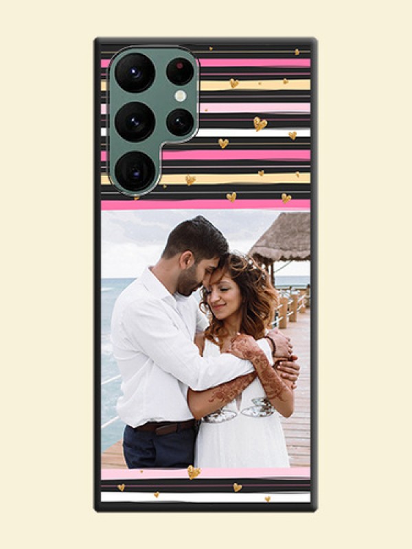 Multicolor Lines and Golden Love Symbols Design on Photo on Space Black Soft Matte Mobile Cover - Galaxy S22 Ultra 5G