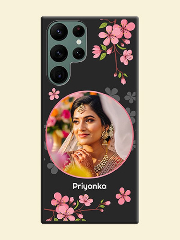 Round Image with Pink Color Floral Design on Photo on Space Black Soft Matte Back Cover - Galaxy S22 Ultra 5G