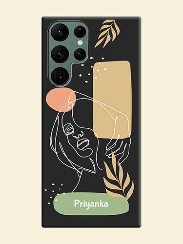 Custom Text With Line Art Of Women & Leaves Design On Space Black Personalized Soft Matte Phone Covers -Samsung Galaxy S22 Ultra 5G