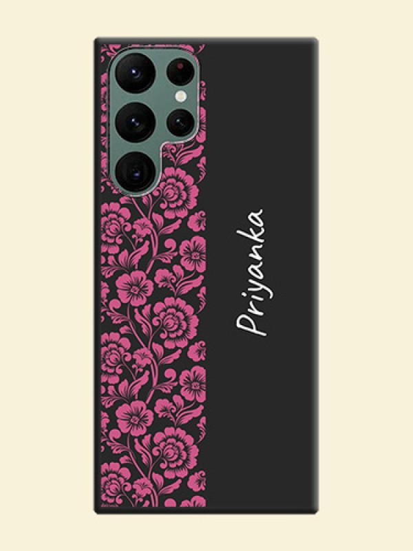 Pink Floral Pattern Design With Custom Text On Space Black Personalized Soft Matte Phone Covers -Samsung Galaxy S22 Ultra 5G