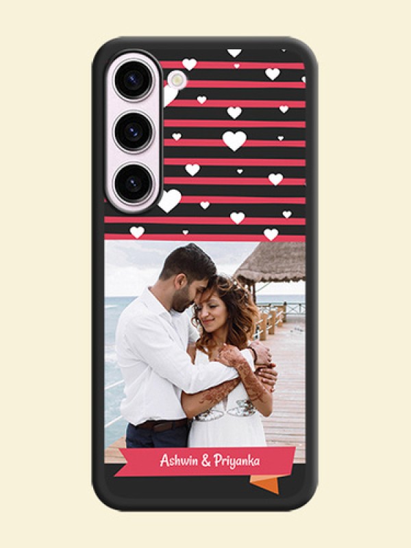 White Color Love Symbols with Pink Lines Pattern on Space Black Custom Soft Matte Phone Cases - Samsung Galaxy S23 Plus 5G