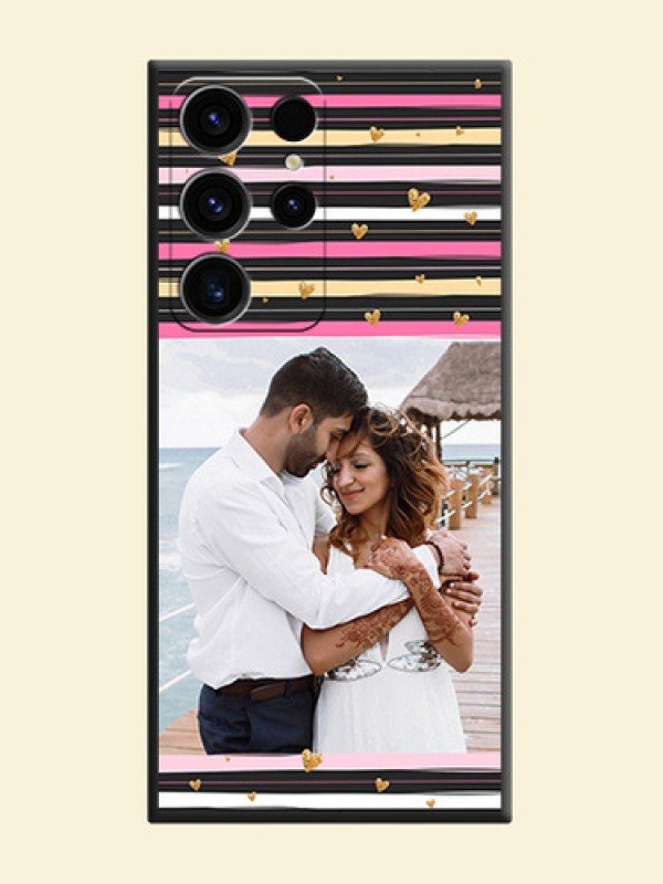Multicolor Lines and Golden Love Symbols Design on Photo on Space Black Soft Matte Mobile Cover - Samsung Galaxy S23 Ultra 5G