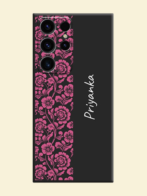 Pink Floral Pattern Design With Custom Text On Space Black Personalized Soft Matte Phone Covers -Samsung Galaxy S23 Ultra 5G