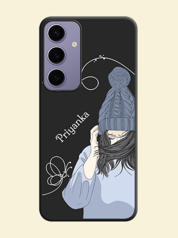 Girl With Blue Winter Outfiit Custom Text Design On Space Black Personalized Soft Matte Phone Covers - Galaxy S24 Plus 5G