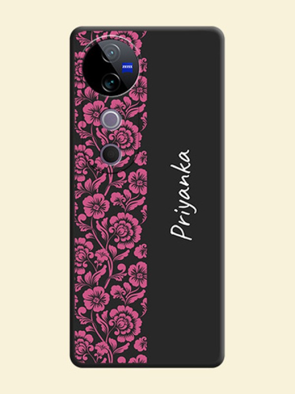 Pink Floral Pattern Design With Custom Text On Space Black Custom Soft Matte Mobile Back Cover - Vivo T3 Ultra