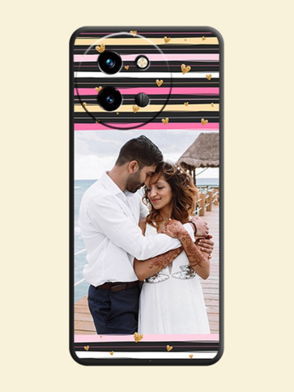 Multicolor Lines and Golden Love Symbols Design on Photo On Space Black Custom Soft Matte Mobile Back Cover - Vivo T3X 5G