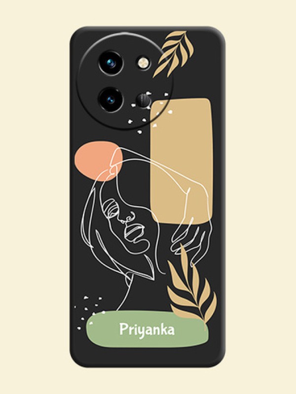 Custom Text With Line Art Of Women & Leaves Design On Space Black Custom Soft Matte Mobile Back Cover - Vivo T3X 5G