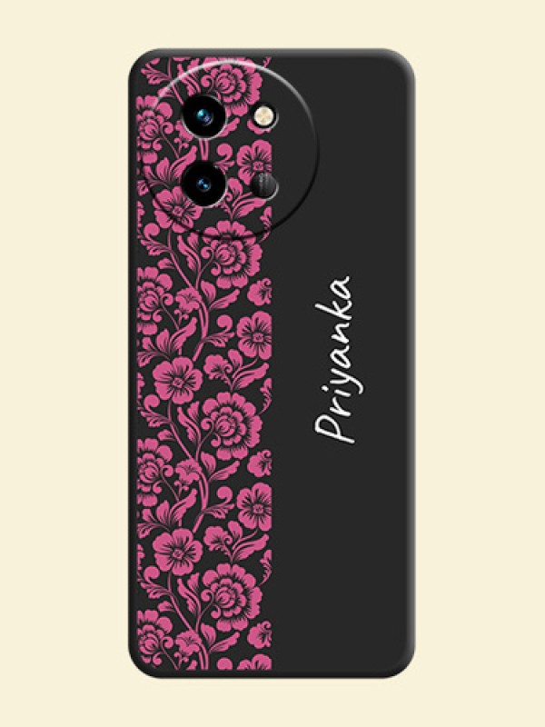 Pink Floral Pattern Design With Custom Text On Space Black Custom Soft Matte Mobile Back Cover - Vivo T3X 5G