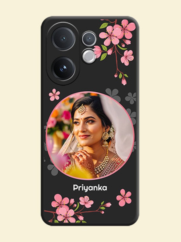 Round Image with Pink Color Floral Design on Photo On Space Black Custom Soft Matte Mobile Back Cover - Vivo T4 Pro 5G