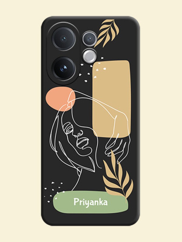 Custom Text With Line Art Of Women & Leaves Design On Space Black Custom Soft Matte Mobile Back Cover - Vivo T4 Pro 5G