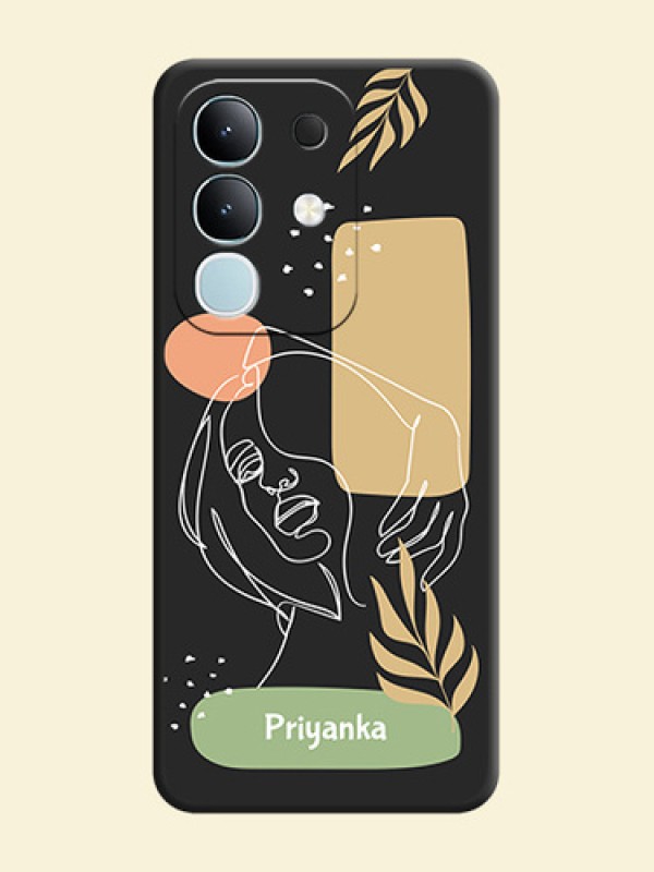Custom Text With Line Art Of Women & Leaves Design On Space Black Custom Soft Matte Mobile Back Cover - Vivo T4x 5G
