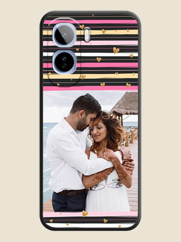 Multicolor Lines and Golden Love Symbols Design on Photo On Space Black Custom Soft Matte Mobile Back Cover - Vivo T5 Pro 5G