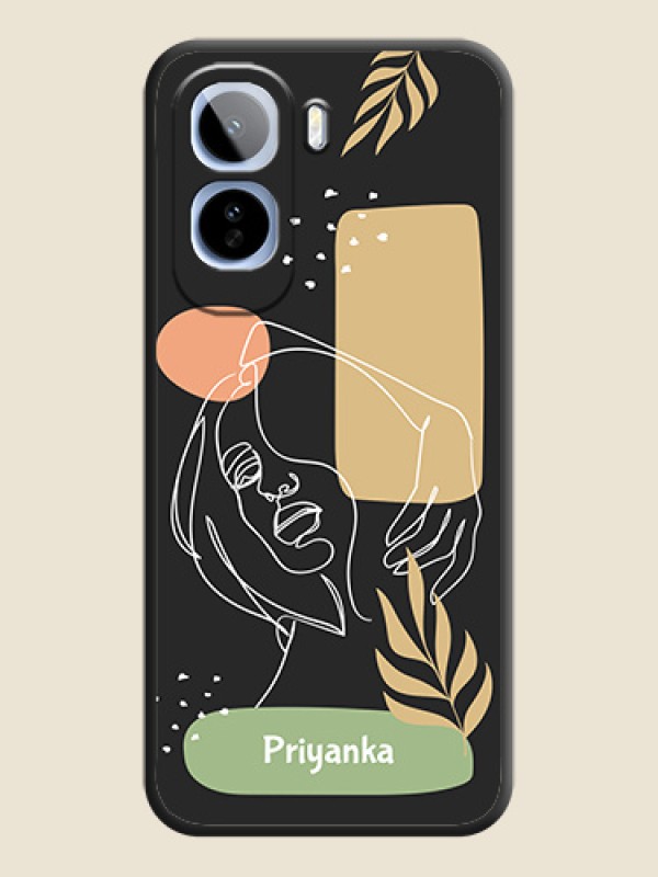 Custom Text With Line Art Of Women & Leaves Design On Space Black Custom Soft Matte Mobile Back Cover - Vivo T5 Pro 5G