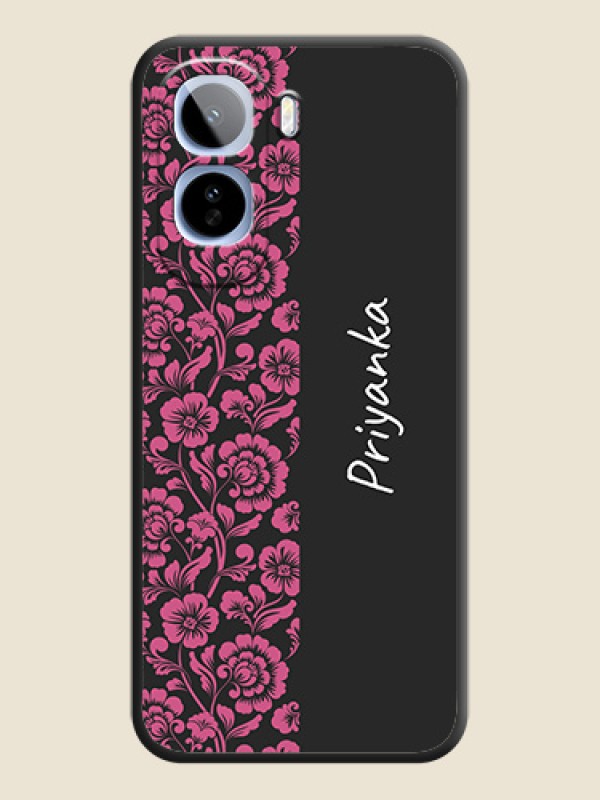 Pink Floral Pattern Design With Custom Text On Space Black Custom Soft Matte Mobile Back Cover - Vivo T5 Pro 5G