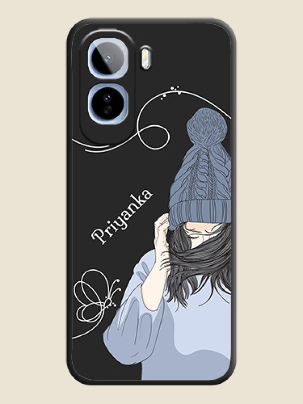 Girl With Blue Winter Outfiit Custom Text Design On Space Black Custom Soft Matte Mobile Back Cover - Vivo T5 Pro 5G