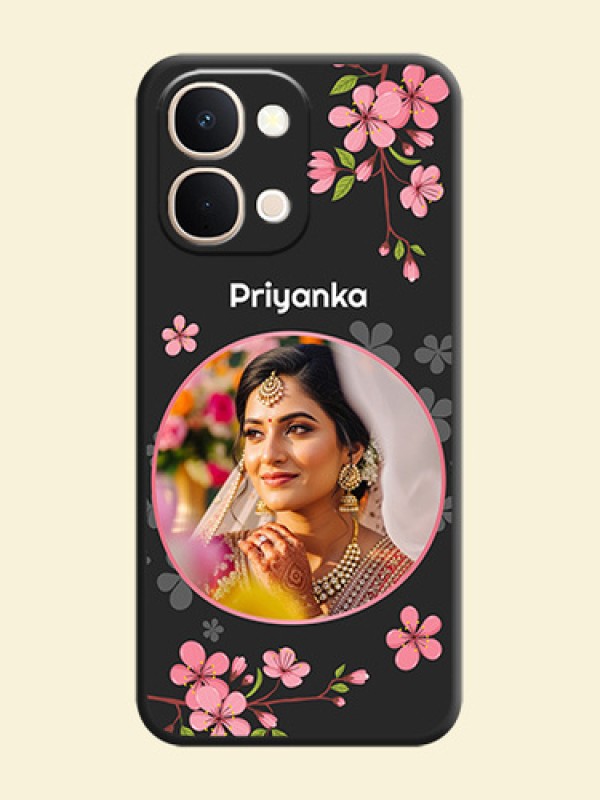 Round Image with Pink Color Floral Design on Photo On Space Black Custom Soft Matte Mobile Back Cover - Vivo T5X 5G