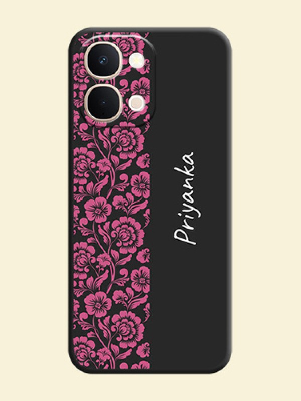 Pink Floral Pattern Design With Custom Text On Space Black Custom Soft Matte Mobile Back Cover - Vivo T5X 5G