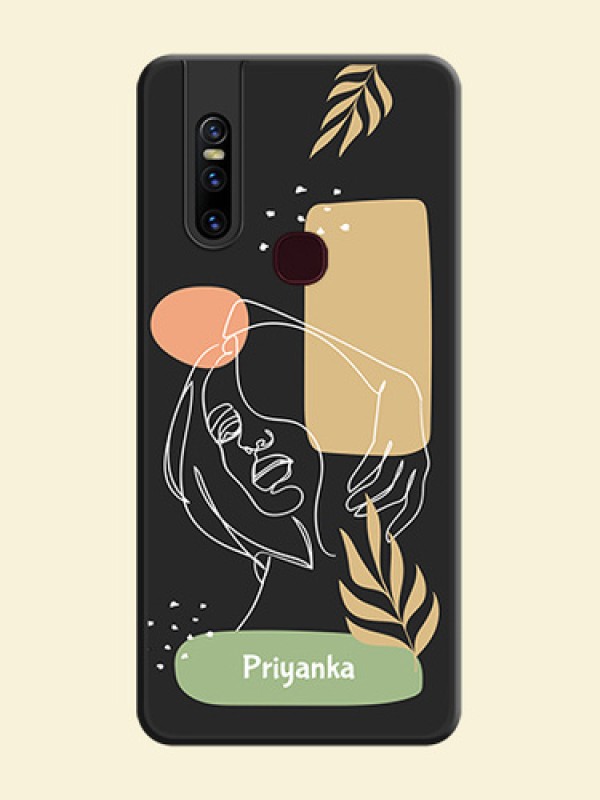 Custom Text With Line Art Of Women & Leaves Design On Space Black Personalized Soft Matte Phone Covers -Vivo V15