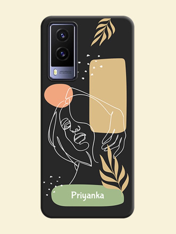 Custom Text With Line Art Of Women & Leaves Design On Space Black Personalized Soft Matte Phone Covers -Vivo V21E 5G