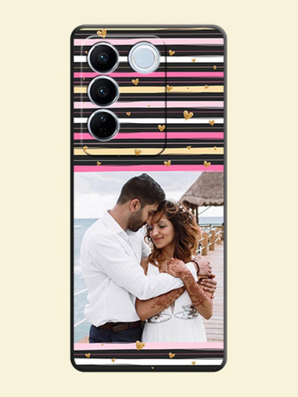 Multicolor Lines and Golden Love Symbols Design on Photo on Space Black Soft Matte Mobile Cover - Vivo V27