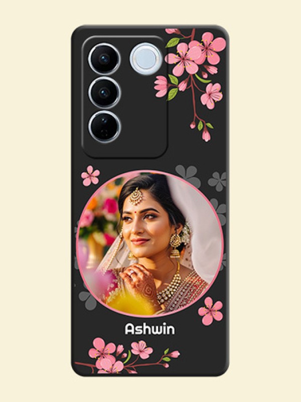 Round Image with Pink Color Floral Design on Photo on Space Black Soft Matte Back Cover - Vivo V27