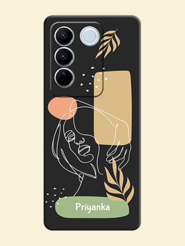 Custom Text With Line Art Of Women & Leaves Design On Space Black Personalized Soft Matte Phone Covers -Vivo V27
