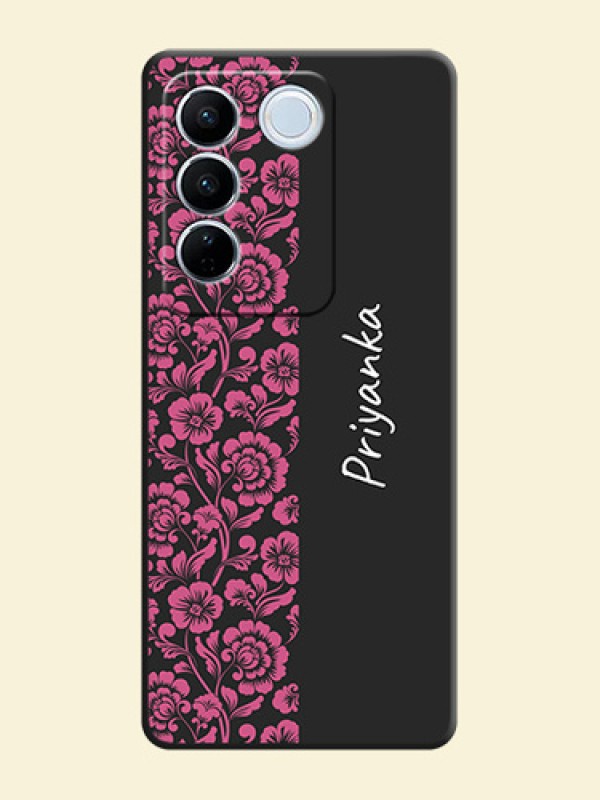 Pink Floral Pattern Design With Custom Text On Space Black Personalized Soft Matte Phone Covers -Vivo V27