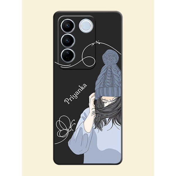 Girl With Blue Winter Outfiit Custom Text Design On Space Black Personalized Soft Matte Phone Covers -Vivo V27 Girl With Blue Winter Outfiit Custom Text Design On Space Black Personalized Soft Matte Phone Covers -Vivo V27
