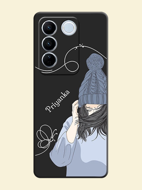Girl With Blue Winter Outfiit Custom Text Design On Space Black Personalized Soft Matte Phone Covers -Vivo V27
