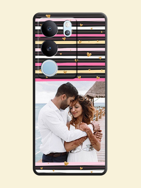 Multicolor Lines and Golden Love Symbols Design on Photo On Space Black Custom Soft Matte Mobile Back Cover - Vivo V29 5G
