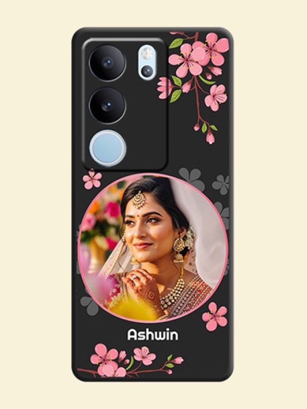 Round Image with Pink Color Floral Design on Photo On Space Black Custom Soft Matte Mobile Back Cover - Vivo V29 5G