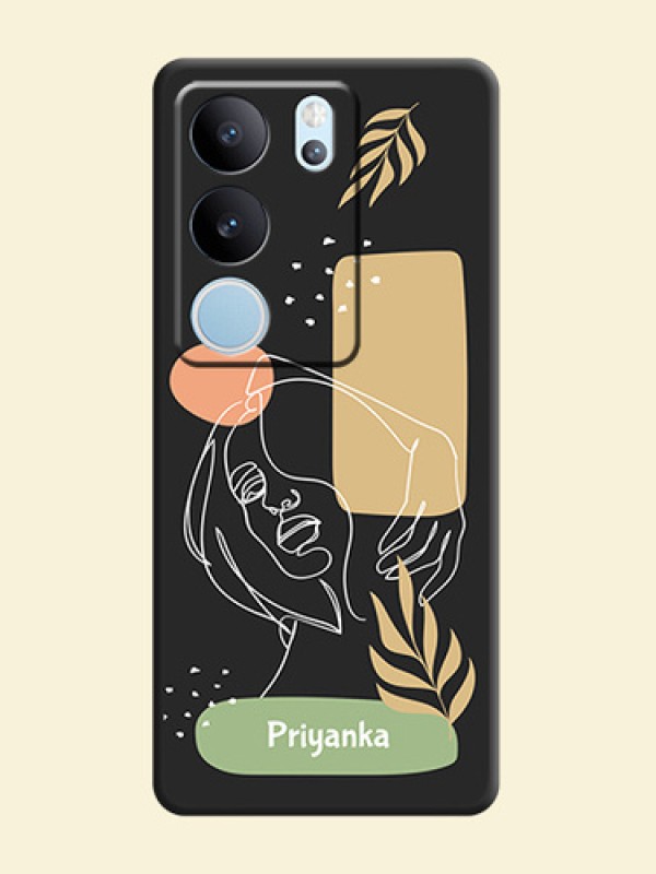 Custom Text With Line Art Of Women & Leaves Design On Space Black Custom Soft Matte Mobile Back Cover - Vivo V29 5G
