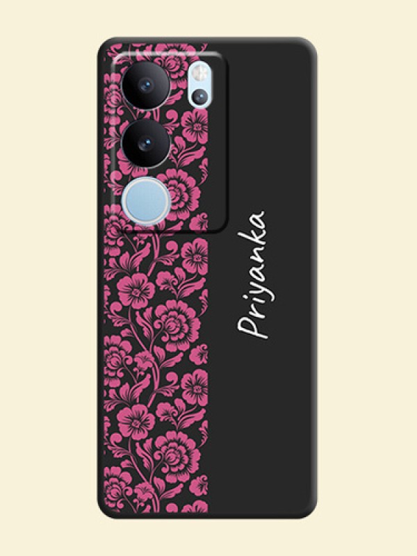 Pink Floral Pattern Design With Custom Text On Space Black Custom Soft Matte Mobile Back Cover - Vivo V29 5G