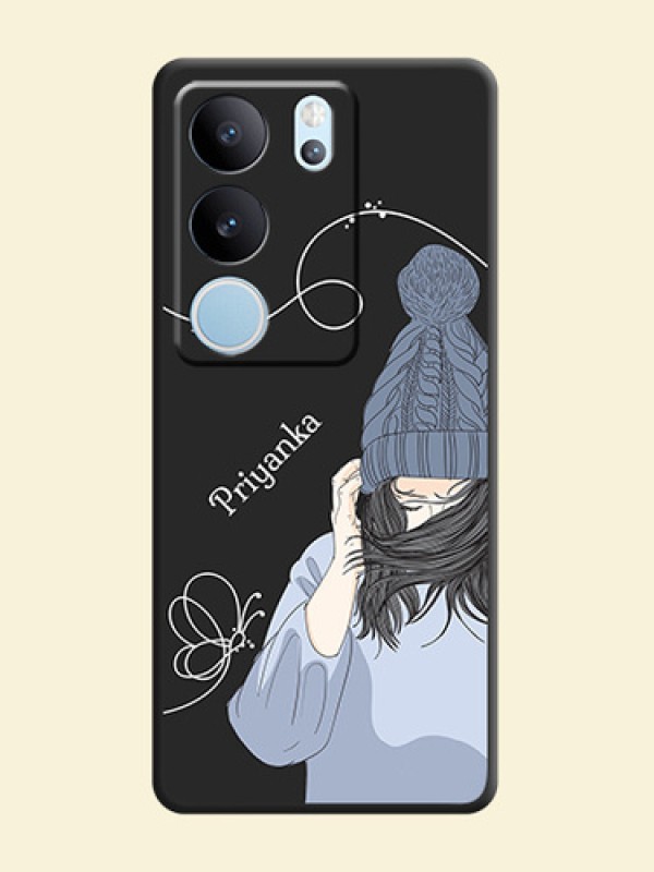 Girl With Blue Winter Outfiit Custom Text Design On Space Black Custom Soft Matte Mobile Back Cover - Vivo V29 5G