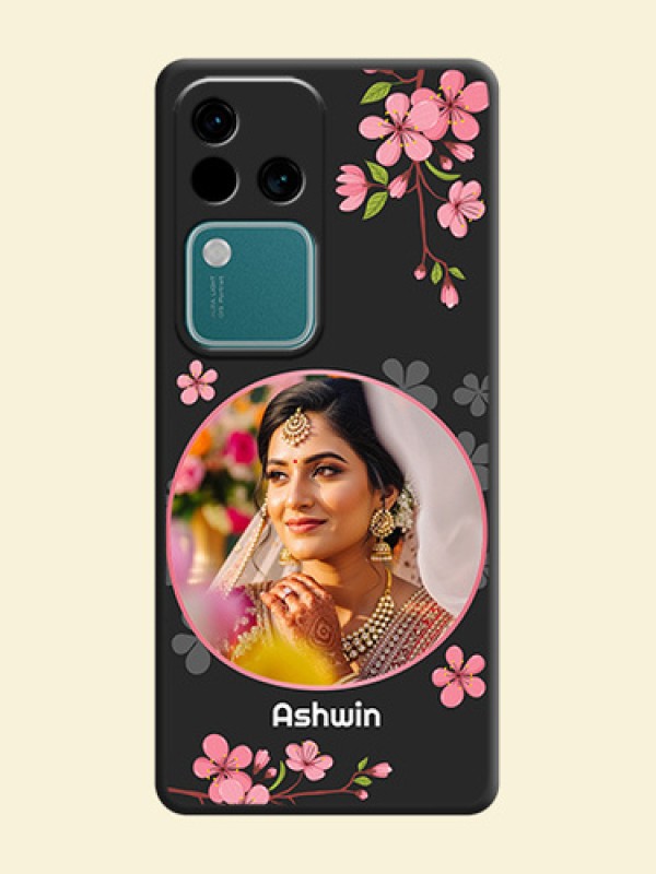 Round Image with Pink Color Floral Design - Photo on Space Black Soft Matte Back Cover - Vivo V30 5G