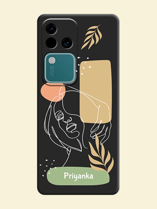 Custom Text With Line Art Of Women & Leaves Design On Space Black Personalized Soft Matte Phone Covers - Vivo V30 5G