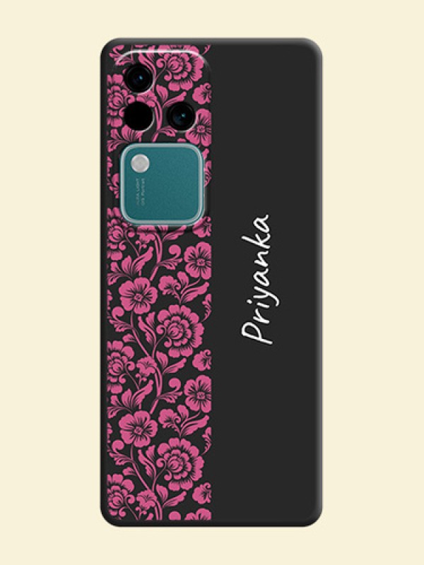Pink Floral Pattern Design With Custom Text On Space Black Personalized Soft Matte Phone Covers - Vivo V30 5G