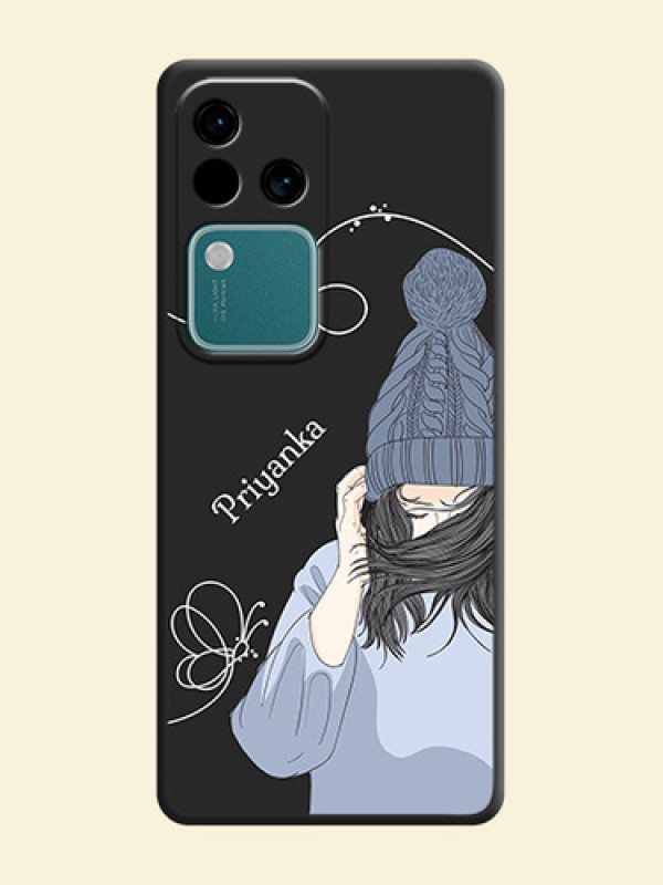 Girl With Blue Winter Outfiit Custom Text Design On Space Black Personalized Soft Matte Phone Covers - Vivo V30 5G