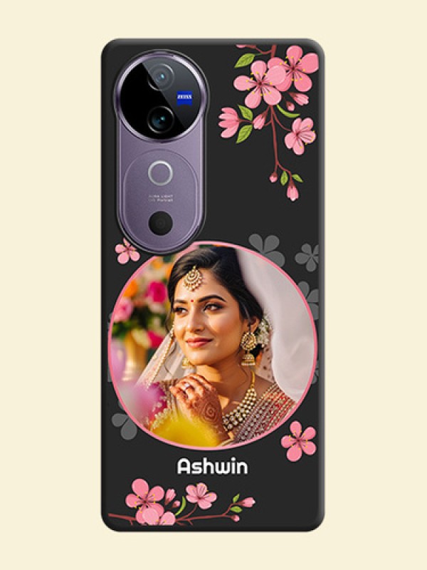 Round Image with Pink Color Floral Design on Photo On Space Black Custom Soft Matte Mobile Back Cover - Vivo V40e 5G