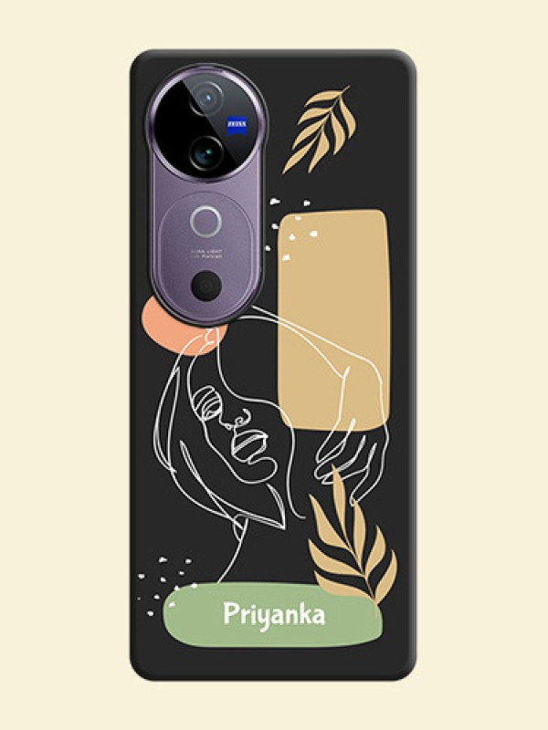 Custom Text With Line Art Of Women & Leaves Design On Space Black Custom Soft Matte Mobile Back Cover - Vivo V40e 5G