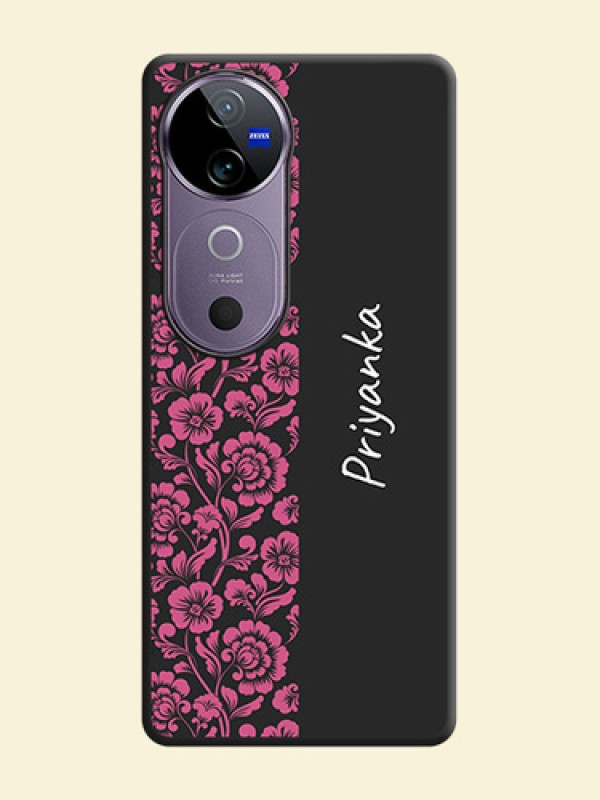 Pink Floral Pattern Design With Custom Text On Space Black Custom Soft Matte Mobile Back Cover - Vivo V40e 5G