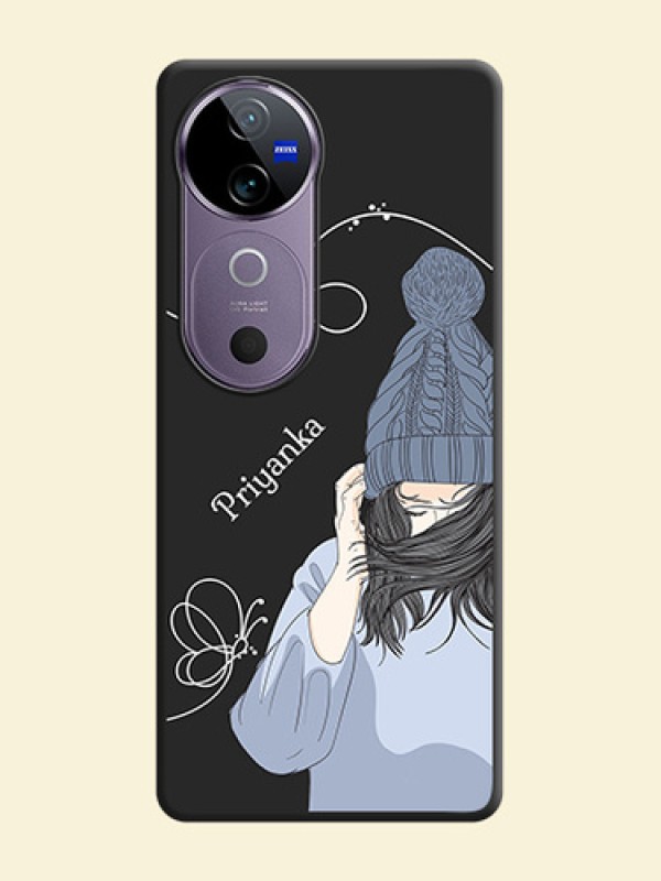 Girl With Blue Winter Outfiit Custom Text Design On Space Black Custom Soft Matte Mobile Back Cover - Vivo V40e 5G