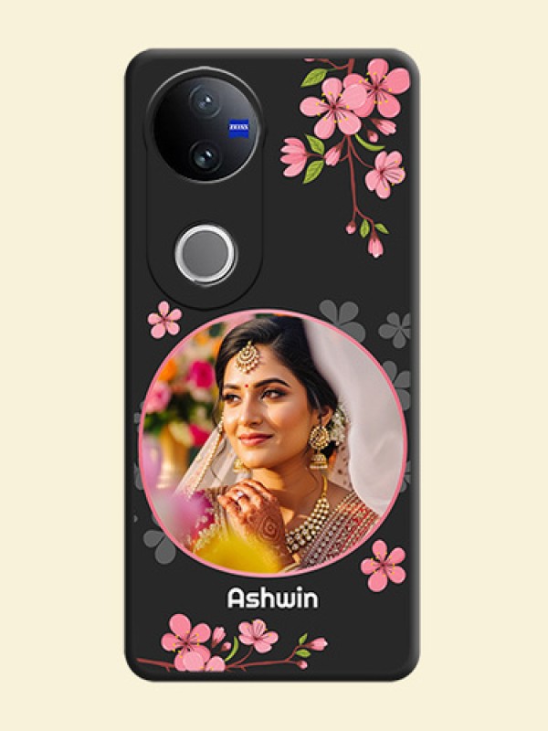 Round Image with Pink Color Floral Design on Photo On Space Black Custom Soft Matte Mobile Back Cover - Vivo V50e 5G